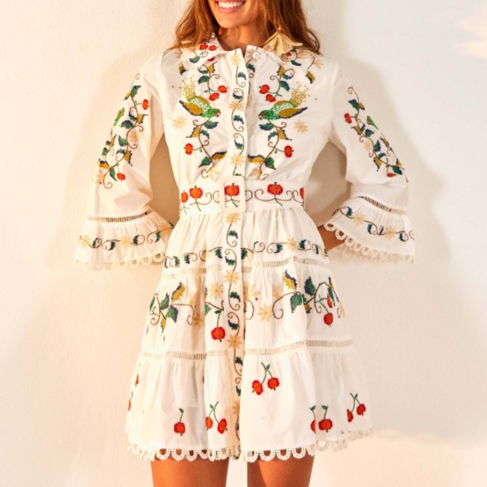 FARM RIO - Pitanga Embroidered Belted Mini Dress